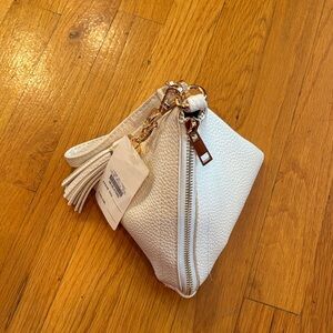 Elegant White Leather Pyramid Tassel Wristlet With Key Chain New
